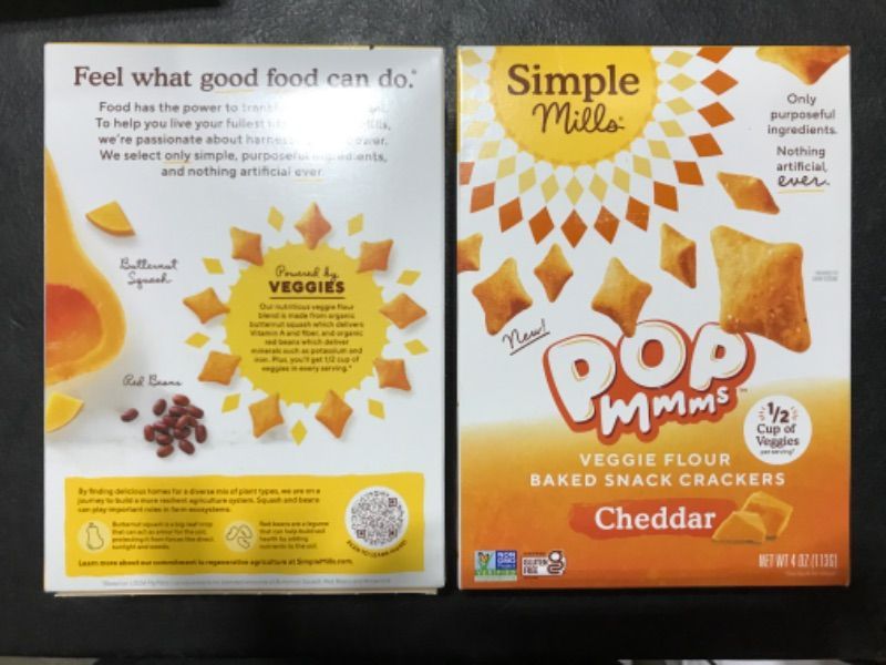 Photo 1 of  (Pack of 2) Simple Mills Pop Mmms Cheddar Veggie Flour Baked Snack Crackers, Gluten Free, 4 Ounce (Pack of 2) Cheddar 4 Ounce
EXPIRE APRIL 7 2024