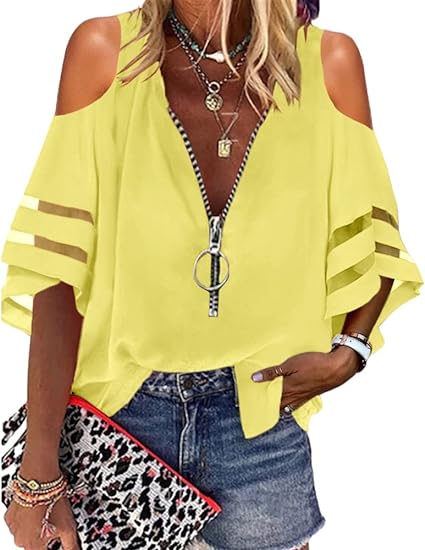 Photo 1 of Cnkwei Womens Cold Shoulder V-Neck Blouses Zip Up Mesh Panel Loose Casual Shirts SIZE S
