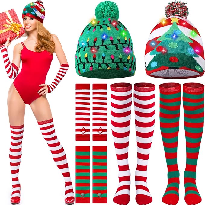 Photo 1 of 6 Pack Christmas LED Elf Costume Accessories Set for Women Christmas Beanie Hat with over Knee Striped Socks and Long Arm Warmer Light up Xmas Knitted Cap for Women Girls Cosplay Party
