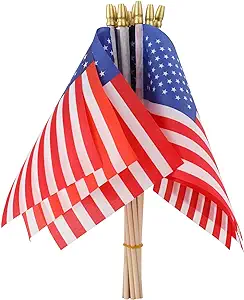 Photo 1 of 12 Pack Small American Flags on Stick 5 * 8 Inch Mini American Flags, US Hand Held Wooden Stick Flag with Kid-Safe Spear Top Polyester Full Color Tear-Resistant Flag for 4th of July Decorations
