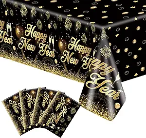 Photo 1 of 4Pcs Happy New Year Tablecloth Plastic Disposable Black and Gold Large Table Covers NYE 2024 for Happy 2024 New Year Party Theme Decorations Supplies, 42.5 x 70.8 Inch

