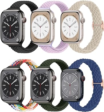 Photo 1 of 6 Pack Slim Braided Solo Loop Bands for Apple Watch Band 40mm 41mm 38mm 42mm 44mm 45mm 49mm Ultra Women Men stretchy Nylon Elastic Strap Thin Wristband for iWatch Series 9/8/7/SE/6/5/4/3/2/1
