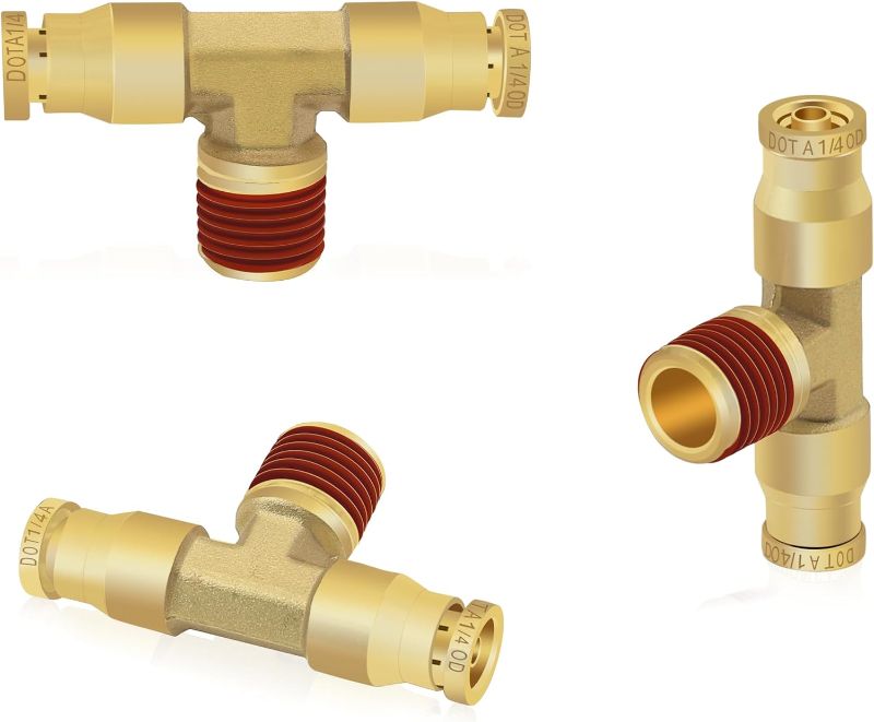 Photo 1 of 1/4 Brass Push to Connect Fittings 3PCS, 1/4" OD Tube x 1/4" NPT Thread Tee Union DOT Air Fittings Air Brake Line Fittings Brake Connector for Truck Trailers Industry Air System
