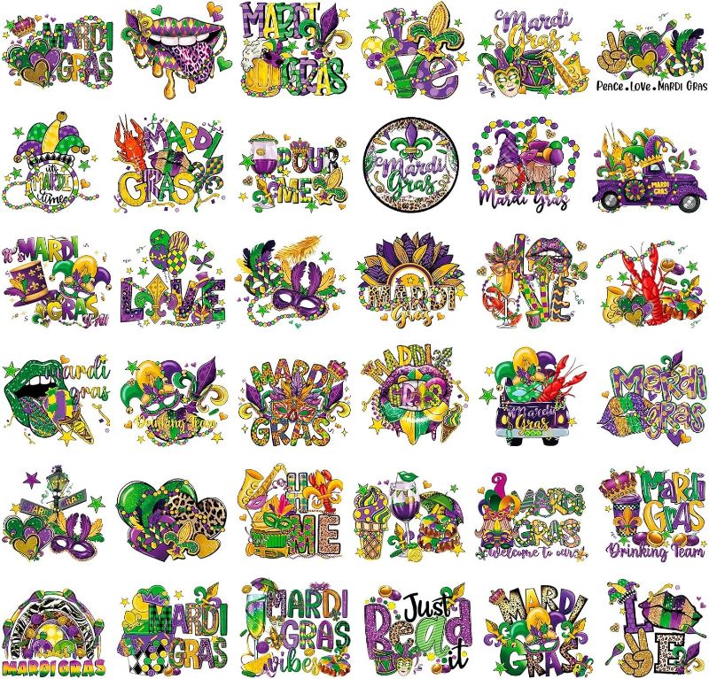 Photo 1 of Glenmal 36 Sheets Mardi Gras Heat Transfer Stickers Masquerade Mask Clown Dwarf Lips Pattern Iron on Green Purple Yellow Iron on Transfers Stickers for Mardi Gras Party Favors DIY Craft
