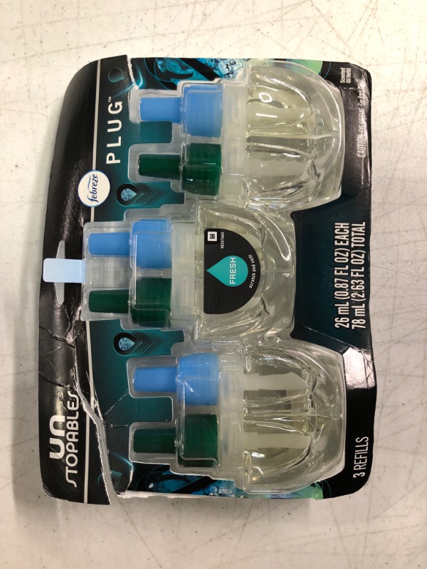 Photo 1 of Febreze Wall Plug in Air Fresheners, Unstopables Fresh, Odor Fighter for Strong Odors, Scented Oil Refill (3 Count)