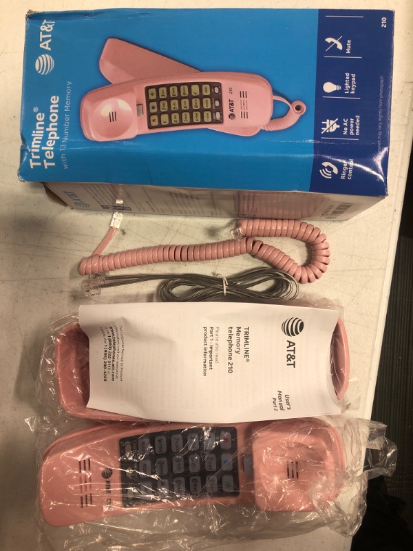 Photo 2 of AT&T TRIMLINE 210 Corded Home Phone, No AC Power Required, Improved Easy-wall-mount, Lighted Big Button Keypad, 13 SpeedDial Keys, Last Number Redial, Mute, Flash, Volume Control, Princess Phone, PINK Pink Phone