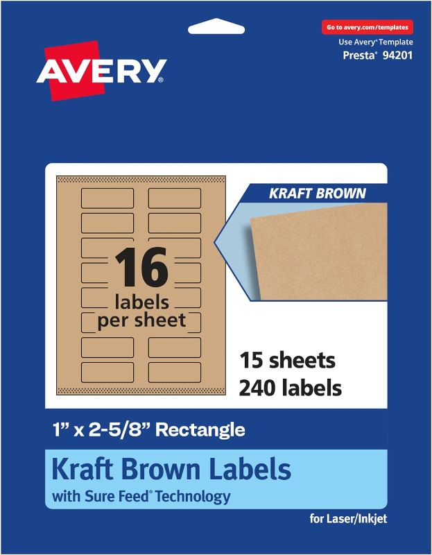 Photo 1 of Avery Kraft Brown Rectangle Labels with Sure Feed, 1" x 2-5/8", 240 Kraft Brown Labels, Print-to-The-Edge, Laser/Inkjet Printable Labels 240 labels