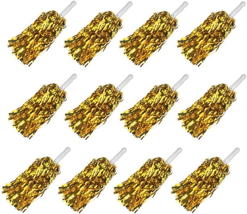 Photo 1 of 12 Pack Cheerleading Pom Poms, Metallic Foil Pom Poms with Baton Handle Cheer Squad Team Spirited Fun Pom Poms for Party, Sports Dance Cheer, 12 Inch, 50g Weight Each Gold