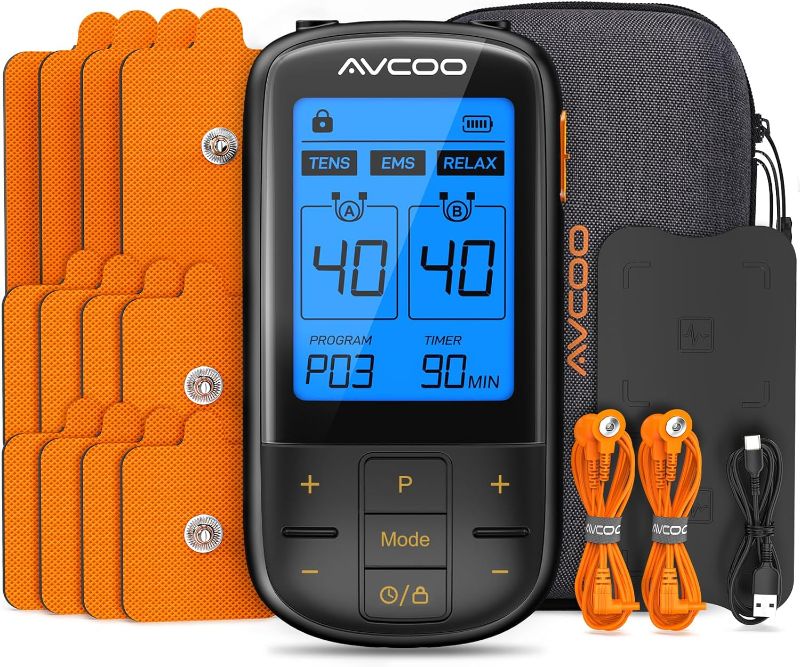 Photo 1 of AVCOO 3-in-1 TENS Unit with 32 Modes, Dual Channel EMS Muscle Stimulator with 40 Intensities for Gradual Pain Relief Therapy, Rechargeable Electronic Pulse Massager with 12 Electrode Pads, EVA Case