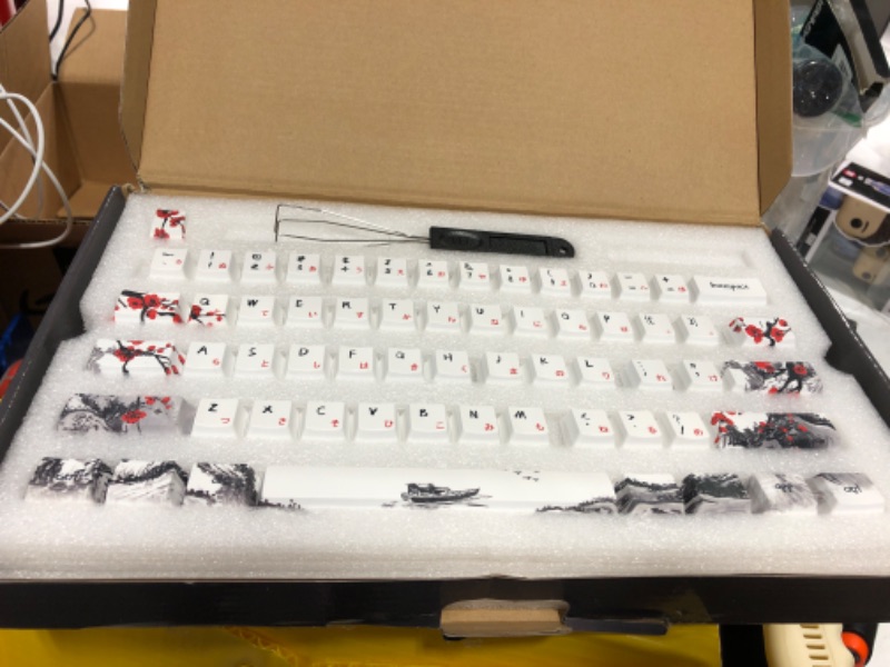 Photo 2 of JSJT Custom Keycap-Keycaps 60 Percent Suitable for GK61/GK64/RK61/Anne /ALT61 Mechanical Keyboards 71 Key with Japanese Font Set OEM Profile PBT Keycaps with Keycap Puller (Plum Blossom Keycaps) Plum Blossom 71 JP