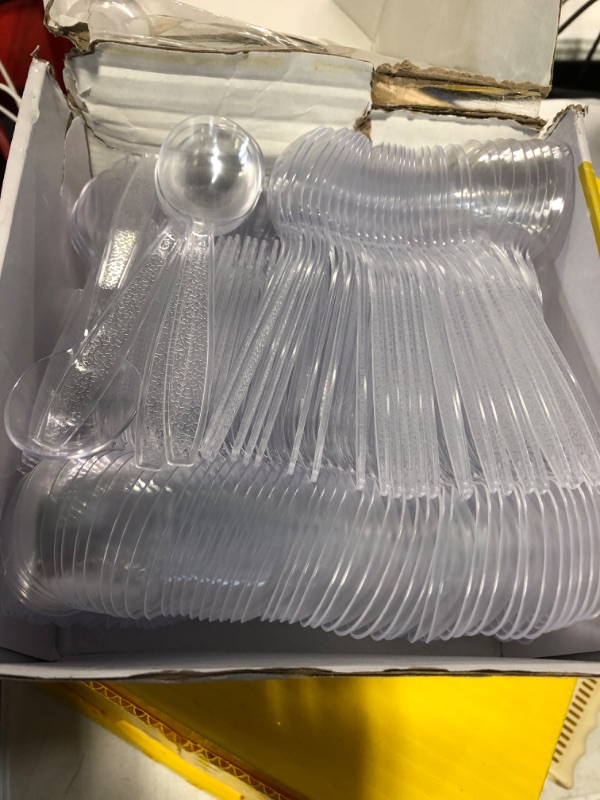 Photo 2 of [300 Pack] Heavyweight Disposable Clear Plastic Soup Spoons - Engraved Design