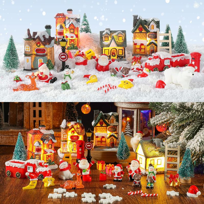 Photo 1 of **MISSING PIECES** 44 Pieces Christmas Light up Village Houses LED Lights Christmas Village Scene Display Tiny Resin Christmas Fairy Figurines Accessories Miniature Ornaments for Christmas Village Collection Table Decor