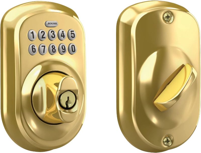 Photo 1 of 
Schlage BE365 V PLY 505 Plymouth Keypad Deadbolt, Electronic Keyless Entry Lock, Bright Brass