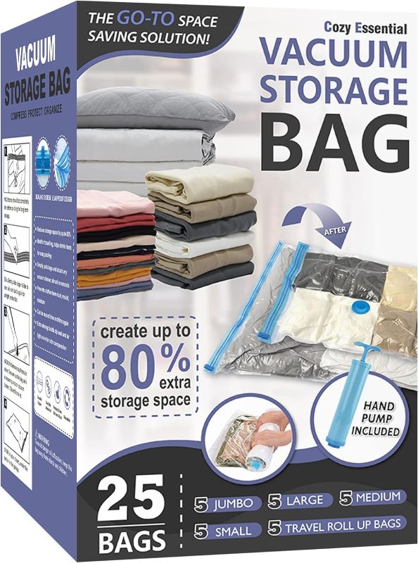 Photo 1 of 25 Pack Space Saver Bags (5 Jumbo/5 Large/5 Medium/5 Small/5 Roll) Compression Storage Bags for Comforters and Blankets, Vacuum Sealer Bags for Clothes Storage, Hand Pump Included
