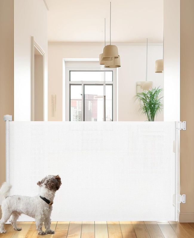 Photo 2 of Cumbor Retractable Baby Gates for Stairs, Extends up to 55" Wide Mesh Dog Gate for The House, 34" Tall Safety Child Gates for Doorways Hallways,Pet Gate Indoor & Outdoor,2 Set of Accessories, white