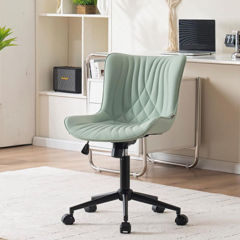Photo 1 of YOUNIKE Office Chair, Armless Desk Chair with Wheels, Home Office Computer Task Chairs, Modern Faux Leather Padded Vanity Chair, Adjustable Swivel Rocking Office Chair with Back, Mint Green
