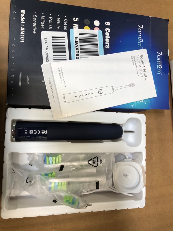 Photo 3 of 7AM2M Sonic Electric Toothbrush with 6 Brush Heads for Adults and Kids, One Charge for 90 Days, Wireless Fast Charge, 5 Modes with 2 Minutes Build in Smart Timer, Electric Toothbrushes(Navy Blue)