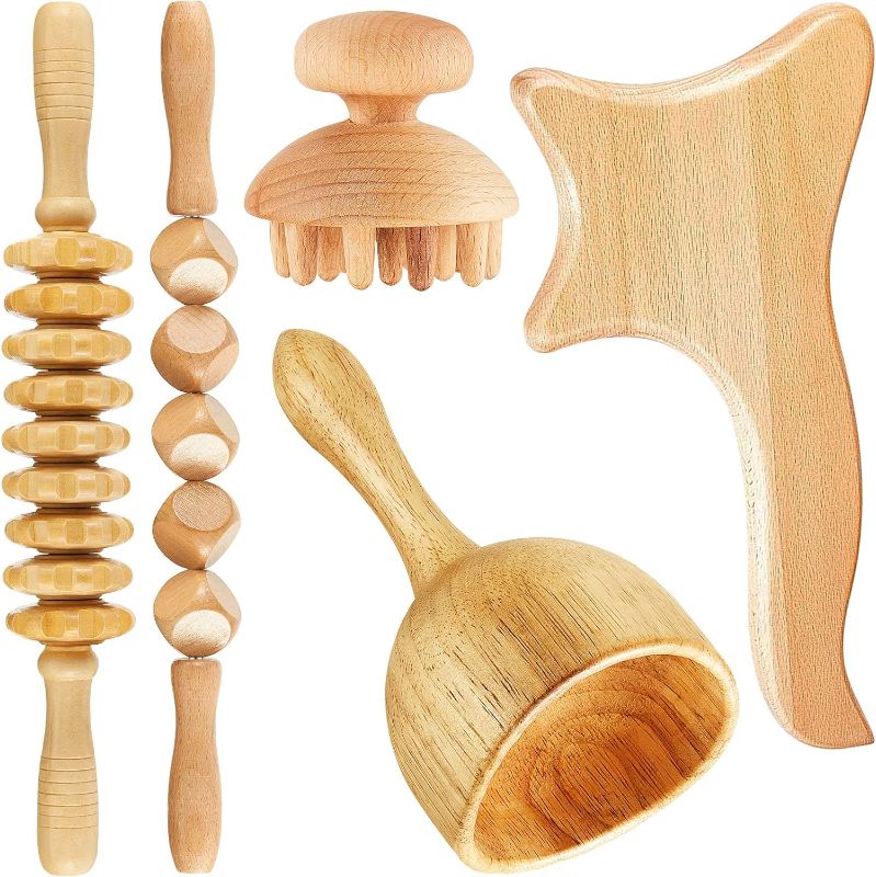 Photo 1 of 5 Pieces Maderoterapia Kit Wood Therapy Massage Tools Gua Sha Tool Lymphatic Drainage Massager Anti Cellulite Maderoterapia Colombiana Fascia Massage Roller for Full Body Muscle Pain Relief