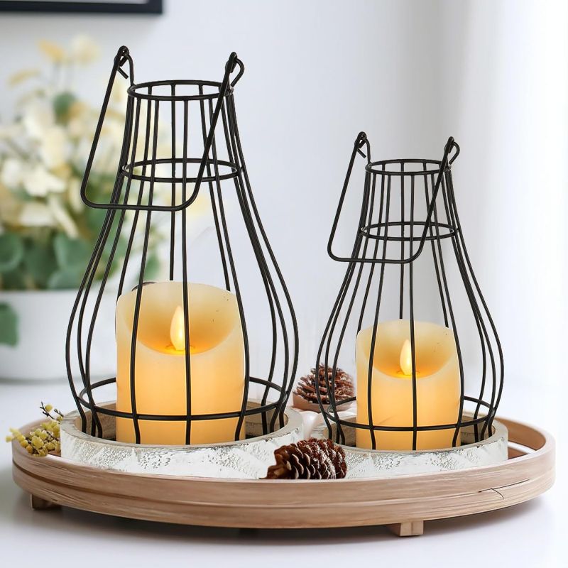 Photo 1 of Farmhouse Metal Lanterns Decorative  - Indoor Rustic Candle Holder Cage for Table Centerpiece Fireplace Mantle Porch Shelf, Black 10" & 8" Bulk Home Fall Decor Cloche Set
