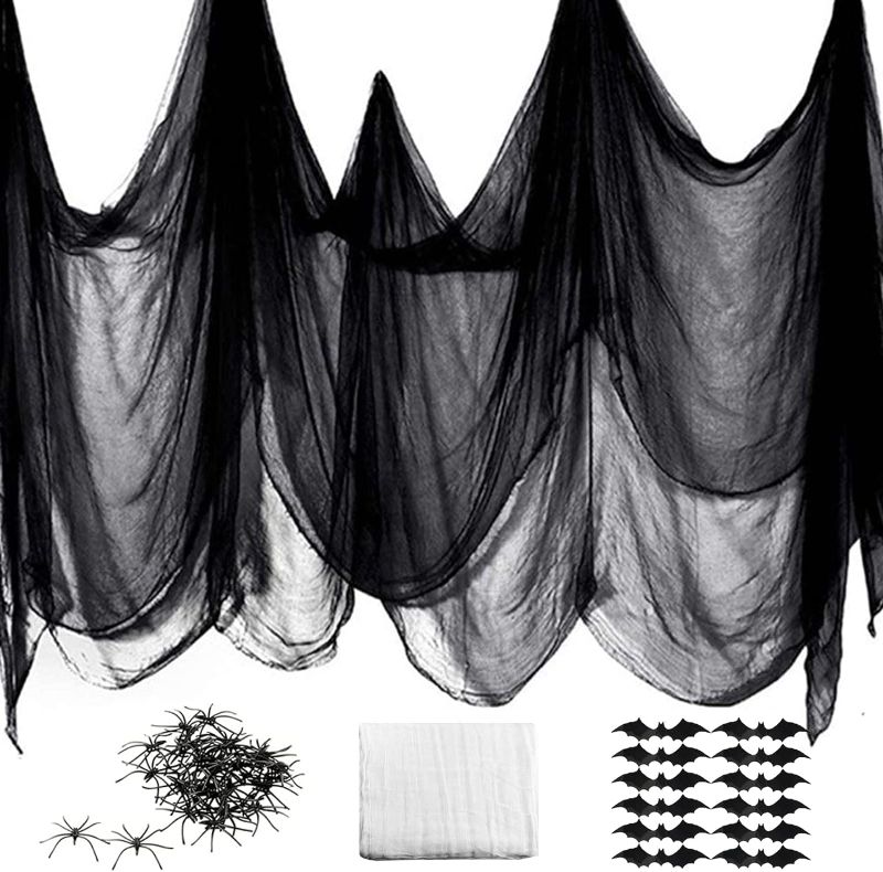 Photo 1 of 4 in 1 Set 550 x 40 inches Halloween Outdoor Decorations Hanging Creepy Cloth, Black Halloween Fabric Scary Haunted Horror Ghost Spooky, Halloween Party Decor Lawn Garden with 20 Spiders & 12 Bats