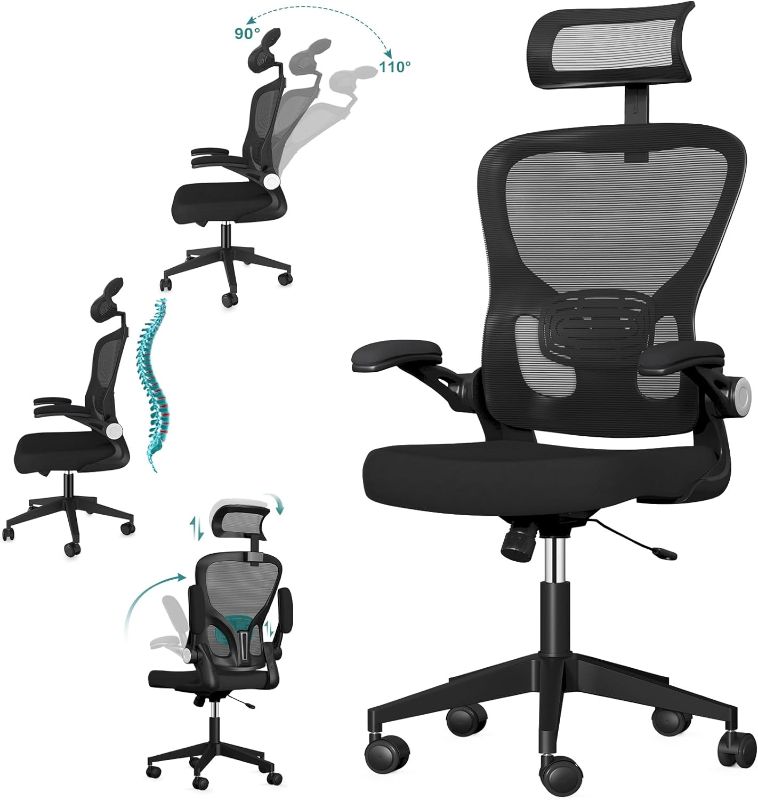 Photo 1 of Ergonomic Office Chair,Computer Chair with Lumbar Support,Home Office Desk Chairs,Home Office Swivel Mesh Chair Flip-Up Armrests, Executive Office Chair with Wheels (Chair)
