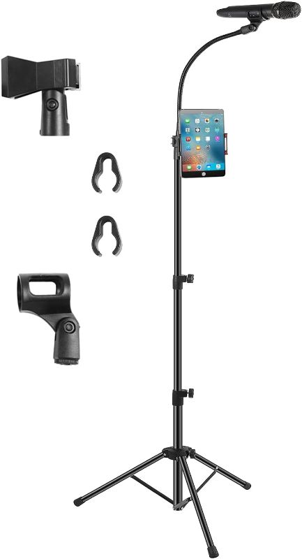 Photo 1 of Microphone Stand Portable Mic Stand with Phone Holder,Detachable Gooseneck Mic Tripod - Adjusted Height From 3 to 6 Feet - with 2 Standard Mic Clips