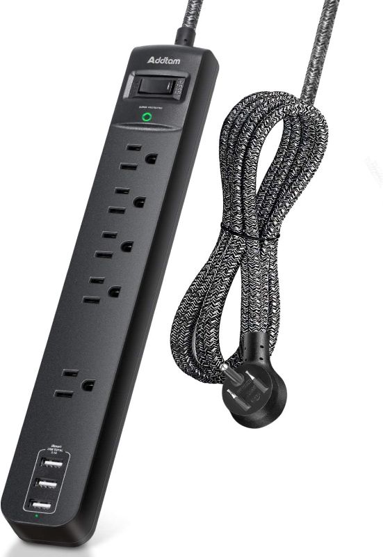 Photo 1 of 10 Ft Power Strip Surge Protector- 5 Outlets 3 USB Ports, Flat Plug Braided Extension Cord, Overload Surge Protection, Wall Mount for Hotel, Home and Office.