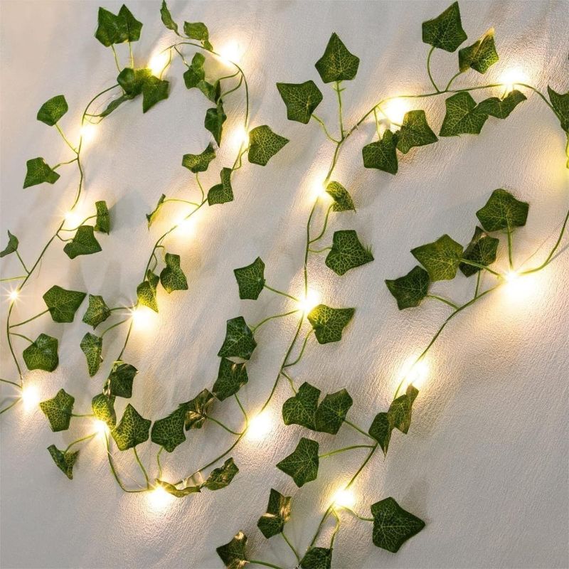 Photo 1 of 2 Pack 6.56 Ft Green Ivy Leaves Fairy String Lights Battery Operated, 80 LEDs Battery Powered Artificial Garland Plant Vine Fairy Light for Bedroom Wedding Party Holiday Patio Decor?Warm White?