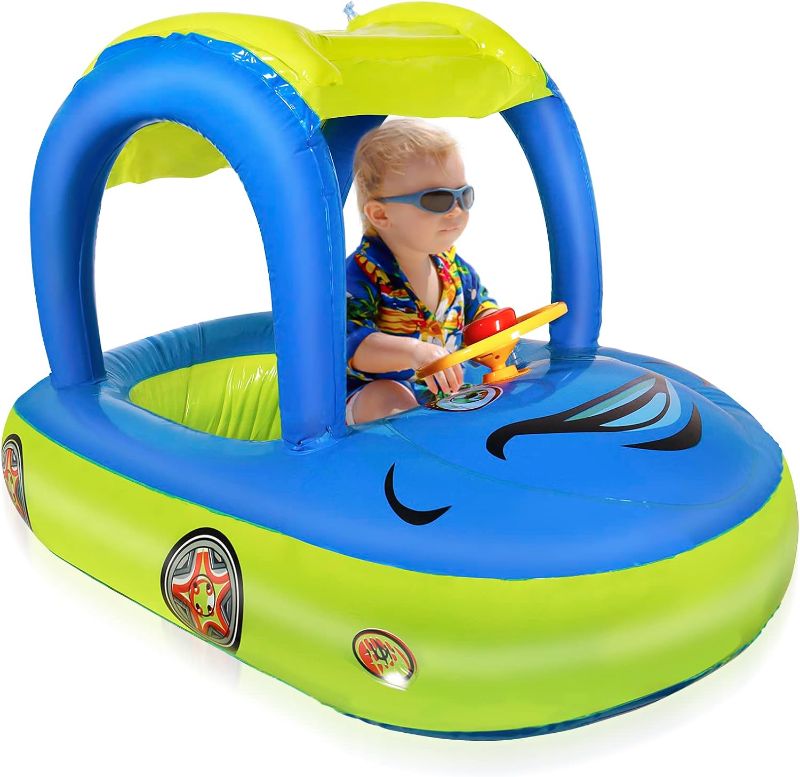 Photo 1 of Baby Pool Float with UPF 50+ Canopy,Car Shaped Babies Swim Float Boat for Toddler Infant Swim Ring Pool Spring Floaties Summer Beach Outdoor Play
