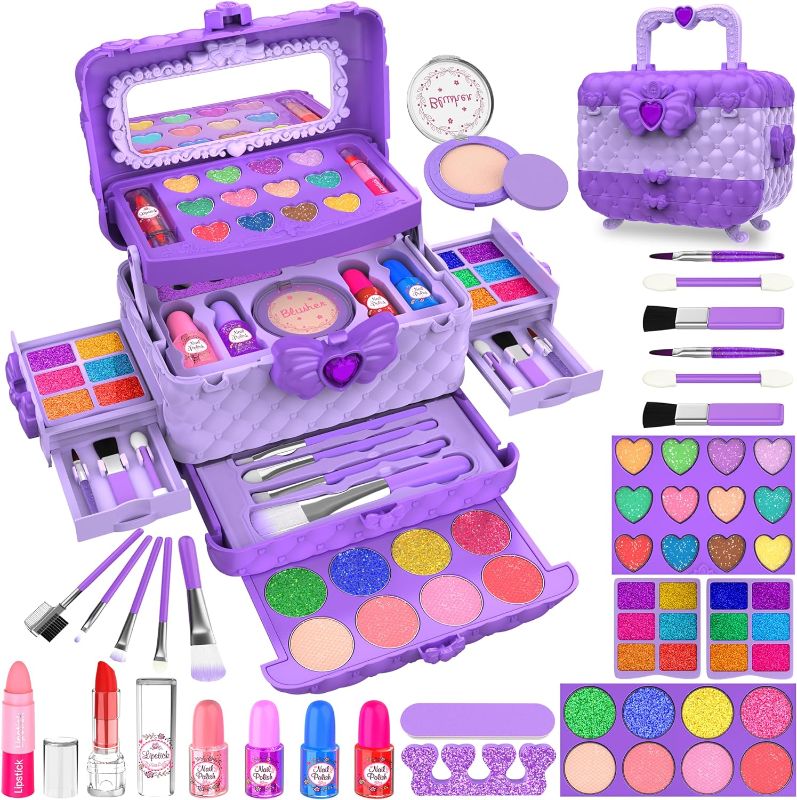 Photo 1 of 54 Pcs Kids Makeup Kit for Girls, Princess Real Washable Pretend Play Cosmetic Set Toys with Mirror, Non-Toxic & Safe, Birthday Gifts for 3 4 5 6 7 8 9 10 Years Old Girls Kids (Purple)
