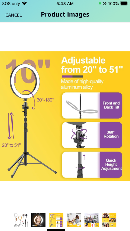 Photo 1 of EMART 10" Ring Light with 55" Extendable Tripod Stands and Phone Holder, Dimmable LED Circle Round Light for Selfie Camera Photography/Makeup/YouTube Video/Vlogging/Live Streaming