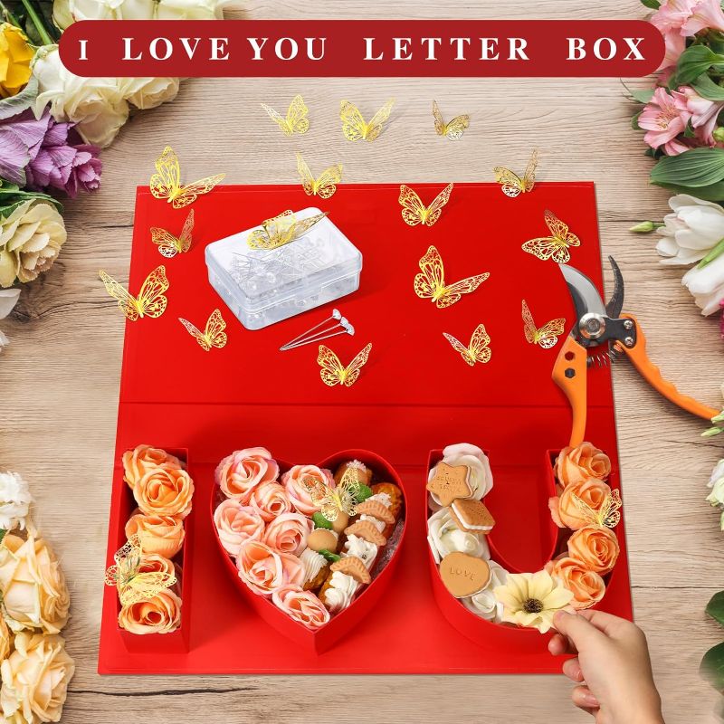 Photo 1 of 
Ireer Valentine's Day I Love You Empty Flower Gift Box Letter Shaped Fillable Box with Plastic Liners 24 Gold Butterfly Decor 50 Bouquet Flower Pins DIY...