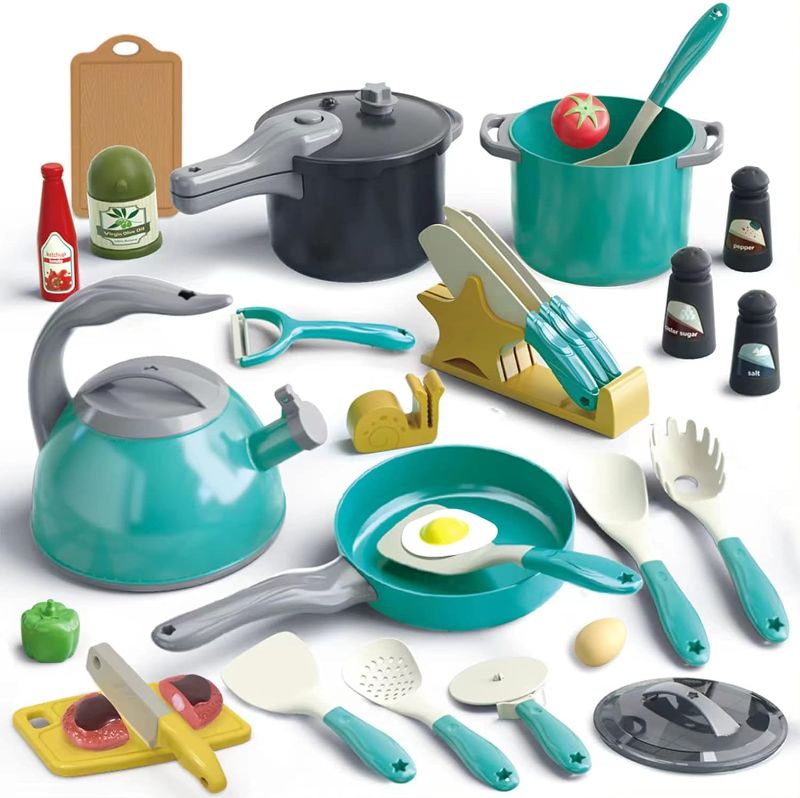 Photo 1 of Bruvoalon 32Pcs Kids Play Kitchen Toys Set, Toddlers Pretend Cooking Playset Acccessories with Pots Pans, Utensils Cookware, Foods, Canned Veges, Learning Gift for Kids Girls Boys (Green)
