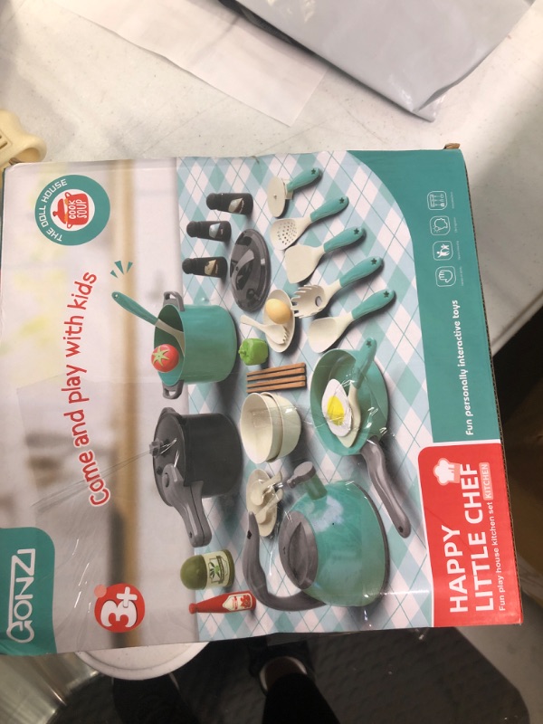 Photo 1 of Bruvoalon 32Pcs Kids Play Kitchen Toys Set, Toddlers Pretend Cooking Playset Acccessories with Pots Pans, Utensils Cookware, Foods, Canned Veges, Learning Gift for Kids Girls Boys (Green)