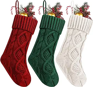 Photo 1 of 3 Pack Christmas Stockings, 14 Inches Cable Knitted Stocking Gifts & Decoration for Family Holiday Xmas Party Decor, Ivory White&Burgundy and Green Burgundy,ivory,green Length 14",Pack 3