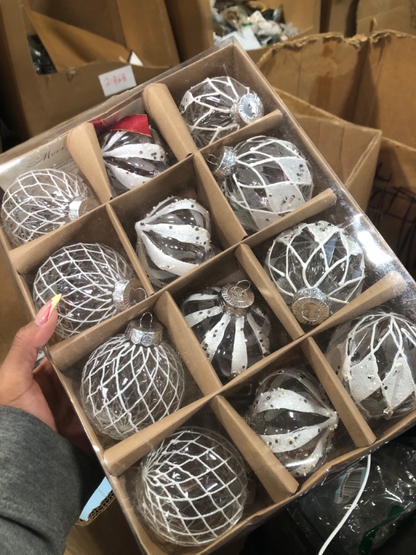 Photo 2 of 12 PCS Clear and White Christmas Ball Ornaments, 80mm/3.15 Inches Rustic Farmhouse Christmas Decorations, Large Shatterproof Luxury Hand-Painted Xmas Ornaments for Christmas Tree, Wedding