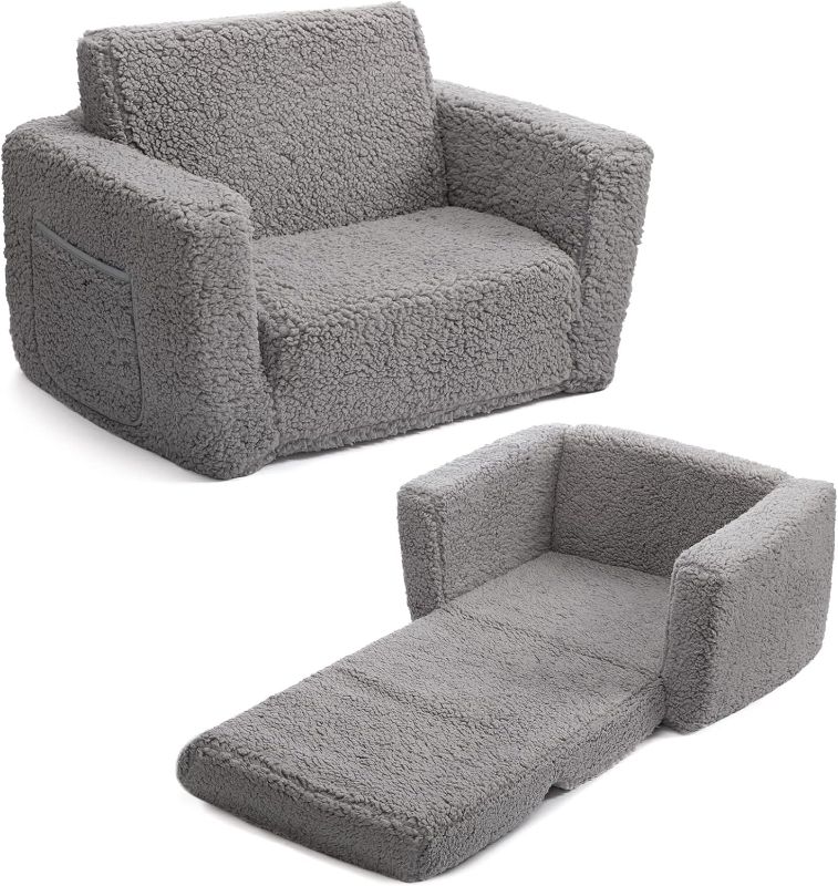 Photo 1 of ALIMORDEN 2-in-1 Flip Out Cuddly Sherpa Toddler Couch, Convertible Sofa to Lounger, Grey

