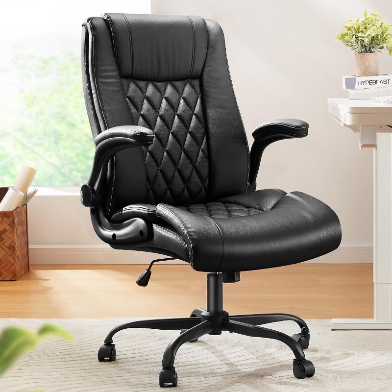 Photo 1 of Marsail Executive Office Chair with Flip-up Armrests,PU Leather Ergonomic Desk Chair Height-Adjustable Swivel Rolling Computer Desk Chair,Black