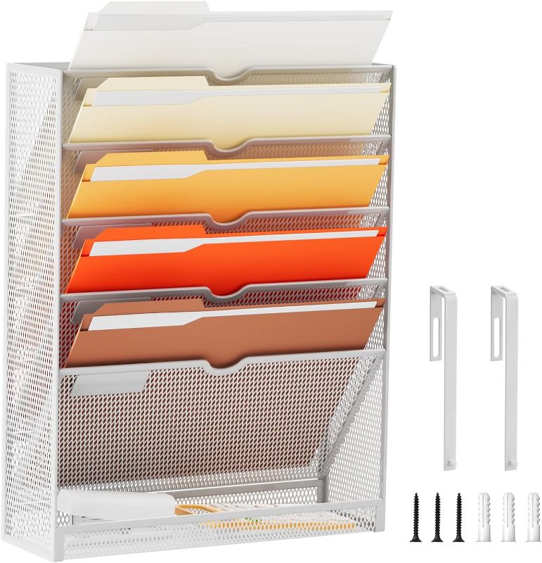 Photo 1 of Marbrasse 6-Tier Hanging Wall File Organizer with Hooks, Wall File Holder for Papers, Files Clipboard & Magazine Organizer, Wall Mount File Holder Great for Office Home (White)