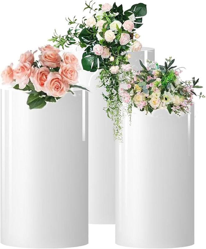 Photo 1 of 3Pcs Cylinder Stands for Party, Metal Round Cylinder Display Pedestal Stands, Cylinder Pedestal Stand for Wedding Birthday Party Decoration, Event Decor White Set of 3 Size ( 3Pcs)
