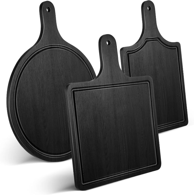 Photo 1 of 3 Packs 12 Inch Black Wood Chopping Boards with Handle and Deep Juice Groove Small Bamboo Wooden Pizza Paddle Serving Boards Tray Charcuterie Board Chopping Board for Cheese Steak Bread
