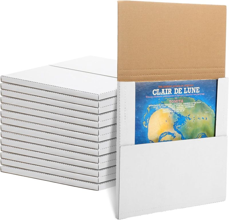 Photo 1 of 100 Pack Vinyl Record Mailers 12.5" x 12.5" x 1" White Vinyl Record Shipping Boxes Cardboard Lp Mailing Box Adjustable Height Album Mailer Boxes with Fragile Stickers for Small Business Package