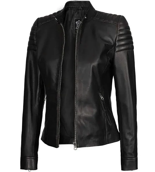 Photo 1 of Carrie Womens Black Slim Fit Cafe Racer Leather Jacket
