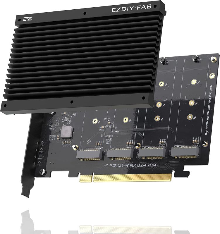 Photo 1 of EZDIY-FAB Quad M.2 PCIe 4.0/3.0 X16 Expansion Cad with Heatsink, Support 4 x PCIe NVME M.2 SSD, RAID-on-CPU (VROC) in Intel Platform and PCIe 4.0 RAID in AMD Platform, M/B PCIe Bifurcatin is Required