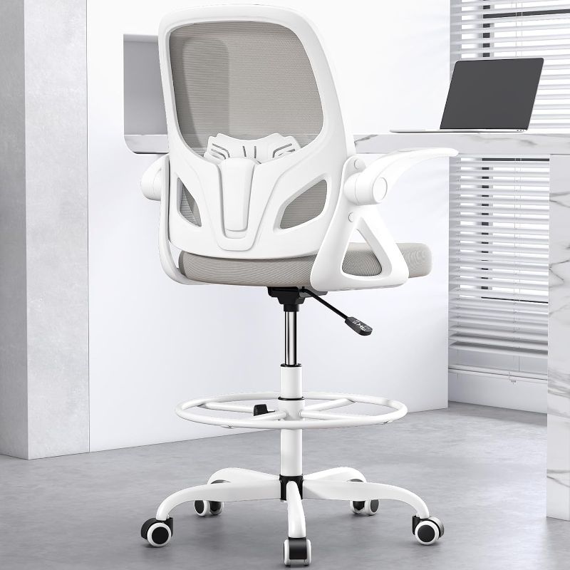 Photo 1 of Drafting Chair Tall Office Chair for Standing Desk Adjustable Tall Desk Chair with Footrest Ring and Lumbar Support Ergonomic Computer Chair with Flip-up Armrests (Grey)
