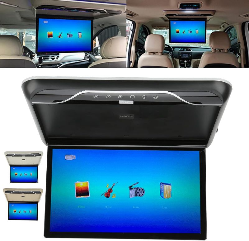 Photo 1 of 19in LCD 1080P Car Overhead Flip Down Monitor Full Viewing Ceiling HD Digital TV with Atmosphere Light Car Stereo Player MP5, HDMI IR FM USB SD 12V/24V(Black)