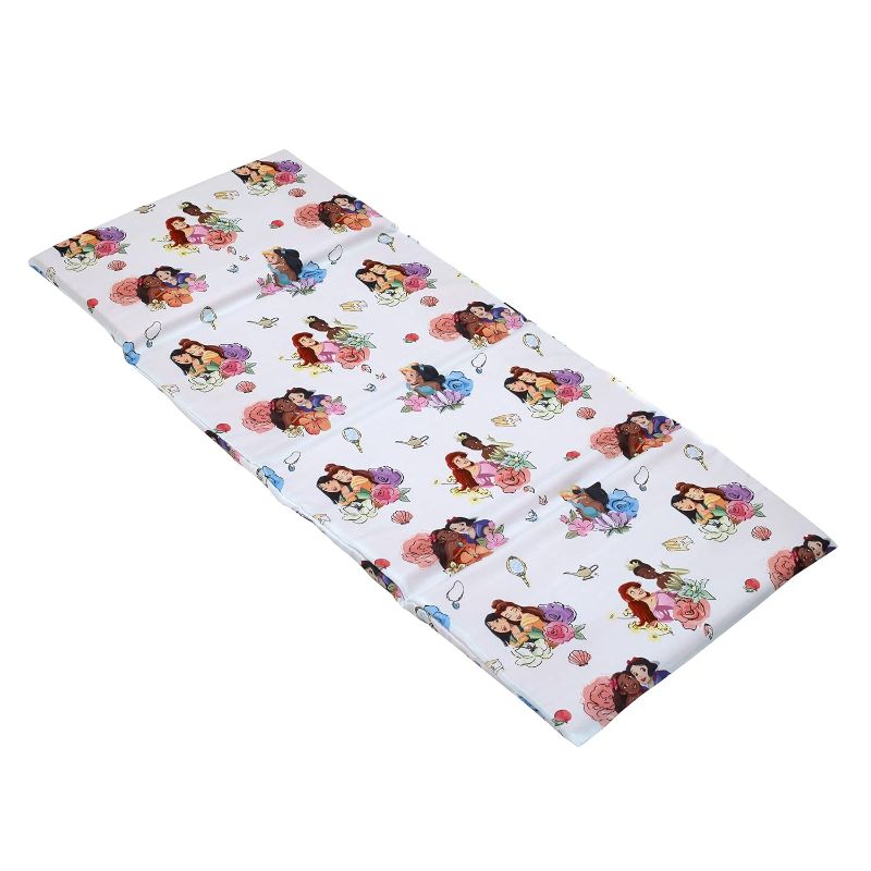 Photo 1 of Disney Princesses Courage and Kindness Pink, Blue, and White Ariel, Tiana, Moana, Jasmine, Cinderella, Mulan, Belle, and Snow White Preschool Nap Pad Sheet