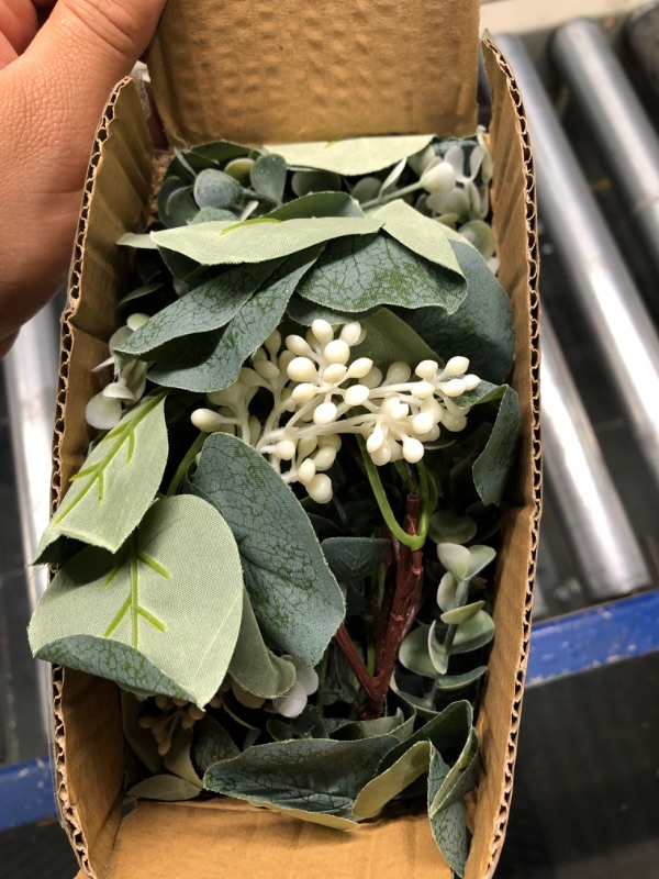 Photo 1 of 2 Pack Eucalyptus Garland Total 13.1 Ft Lush Silver Dollar Eucalyptus Leaves with White Buds Boxwood Artificial Greenery Garland Vines for Baby Shower Wedding Party Table Runner Room Home Mantle Decor B-white 2 pack