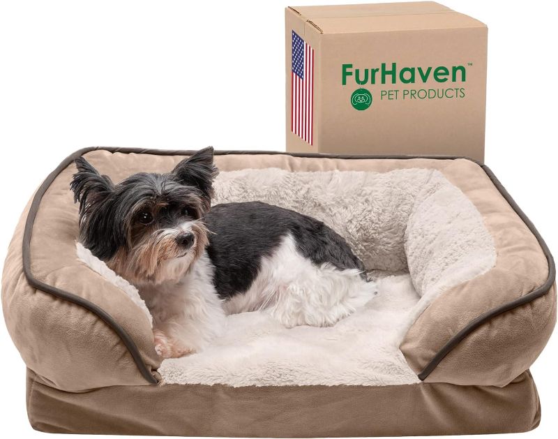 Photo 1 of Furhaven Cooling Gel Dog Bed for Small Dogs w/ Removable Bolsters & Washable Cover, For Dogs Up to 20 lbs - Plush & Velvet Waves Perfect Comfort Sofa - Brownstone, Small
