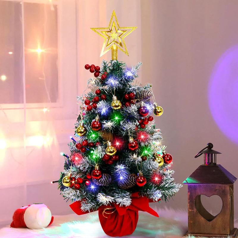 Photo 1 of 3FT Artificial Christmas Tree Decorations - Christmas 36 Inch Mini Table Top Tree, Xmas Desk Small Tree with 30 LED Warm Lights, Hanging Ornaments for Home Decor Indoor Office Holiday Tabletop Party 3ft-green Christmas Tree